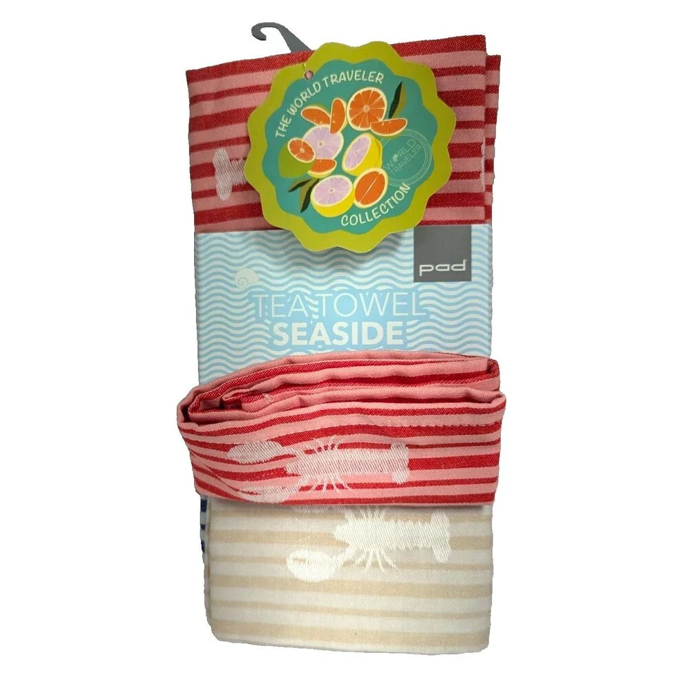 Seaside Lobster Striped Tea Towels 3-pc Cotton 50 x 70-in Red Blue Tan 50